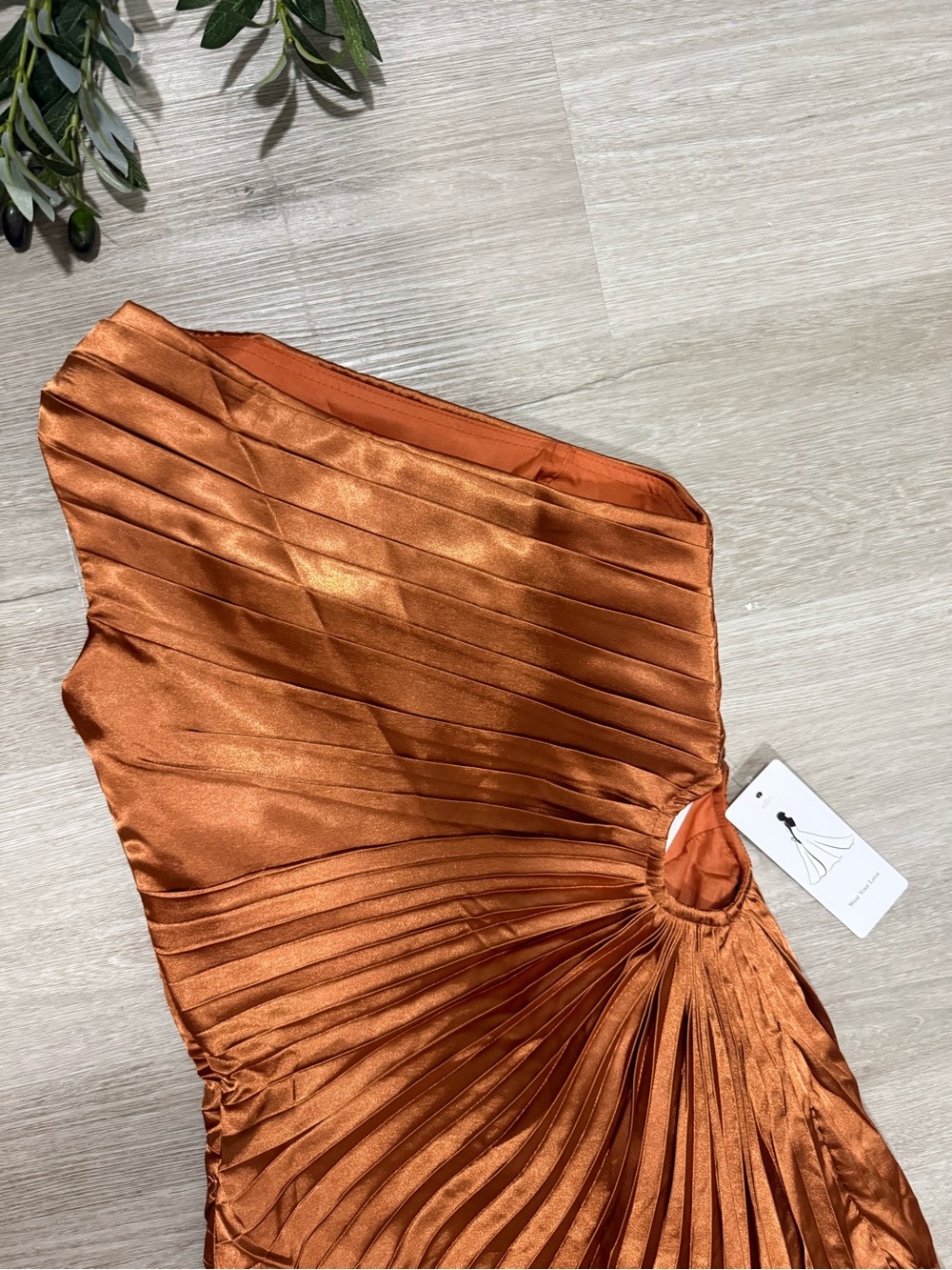 One-Shoulder Copper Pleated Midi Dress - Picture 8 of 11
